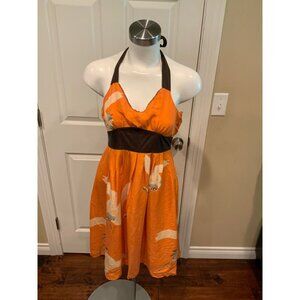 Moulinette Soeurs Anthropologie Orange Silk Crane Print Halter Dress, Size 2